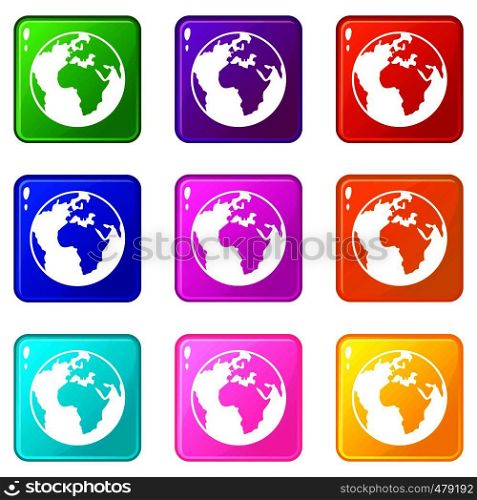 Earth globe icons of 9 color set isolated vector illustration. Earth globe set 9