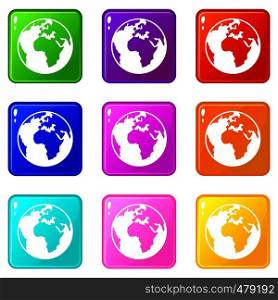 Earth globe icons of 9 color set isolated vector illustration. Earth globe set 9