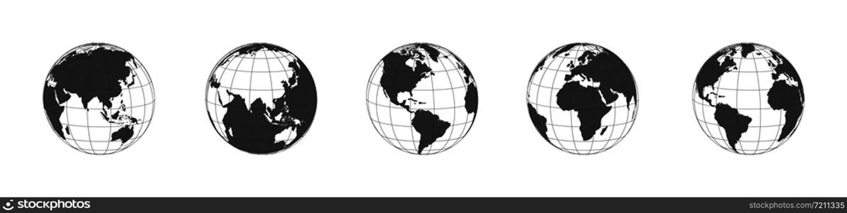 Earth globe icons set in a row. Panorama view. Earth globe dark icons isolated on white background. Earth globe in flat design. Eps10