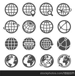 Earth globe icons. Worldwide map spherical planet, geography continent contour, world orbit global communication tourism logo vector symbols. Internet search, flying plane pictograms. Earth globe icons. Worldwide map spherical planet, geography continent contour, world orbit global communication tourism logo vector symbols