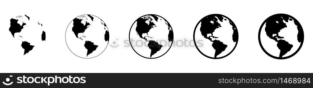 Earth Globe in flat designs. World Map in circle. Earth Globes collection. World Map in modern simple styles. Earth Map, isolated on white background. Globes web icon. Vector illustration