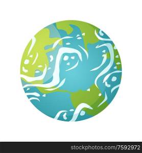 Earth globe vector, isolated icon of floating planet in space, celestial body with water and land, continents, sea and oceans, clouds and environment. Concept for Earth day. Earth Globe Floating in Space Planet Isolated