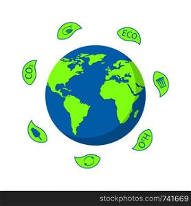 Earth Globe with Leaves for World Environment Day. Ecology planet. Eco friendly design. Vector illustration.