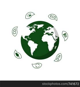 Earth Globe with Leaves for World Environment Day. Ecology planet. Eco friendly design. Vector illustration.