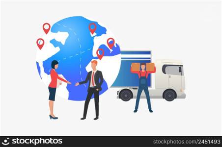 Earth globe with pointers, delivery and meeting business people. Transportation, vehicle, freight concept. Vector illustration can be used for topics like business, logistics, international delivery