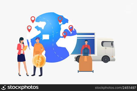 Earth globe with pointers, truck and person with big coin. Transportation, vehicle, freight concept. Vector illustration can be used for topics like business, logistics, international delivery