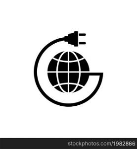 Earth Globe with Power Cable. Flat Vector Icon. Simple black symbol on white background. Earth Globe with Power Cable Flat Vector Icon