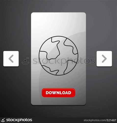 earth, globe, world, geography, discovery Line Icon in Carousal Pagination Slider Design & Red Download Button. Vector EPS10 Abstract Template background