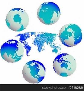 earth globes and world map against white, abstract vector art illustration