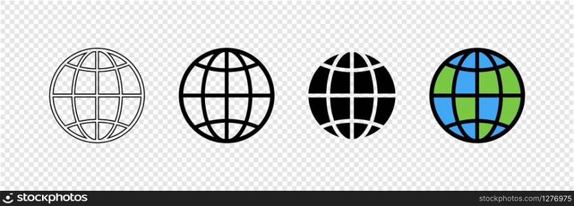 Earth globes in web design. Earth globe in modern simple flat design, isolated on transparent background. World maps in a row, web icons. Simple globe icons. Vector illustration.