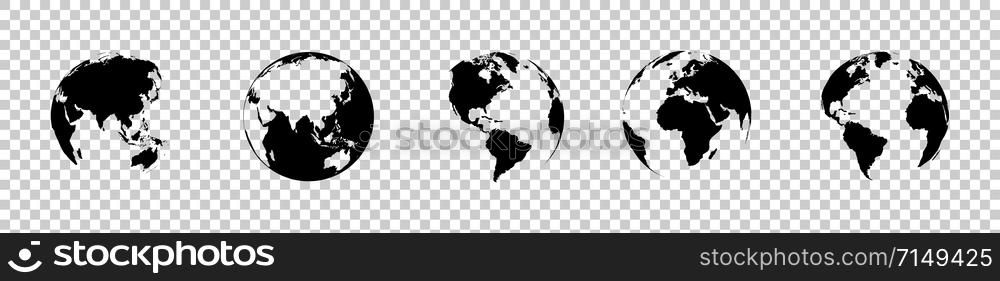 Earth Globes, isolated on transparent background. Five Earth Globes vector icons in a row and modern simple flat style for web design. World Maps for web design. Vector Illustration