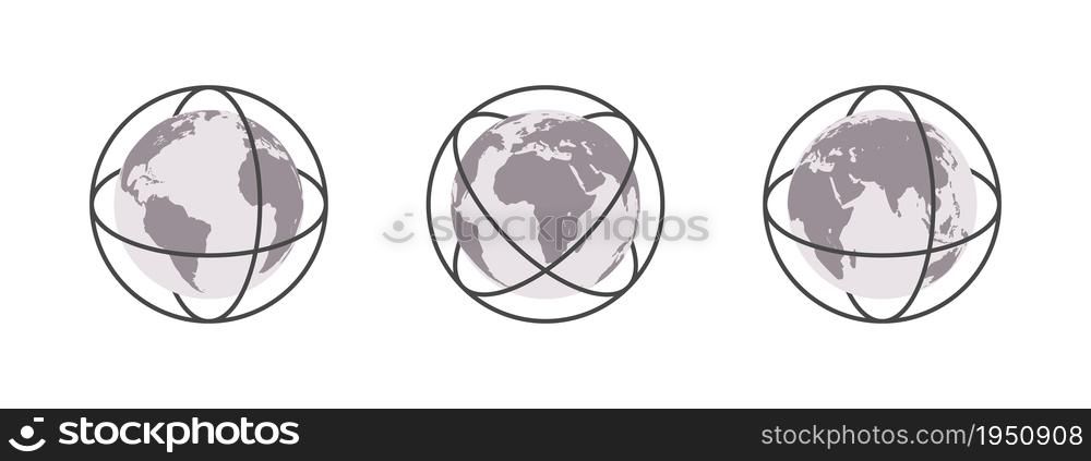 Earth globes with center lines. World map in globe shape. Earth globe icon set. Vector illustration