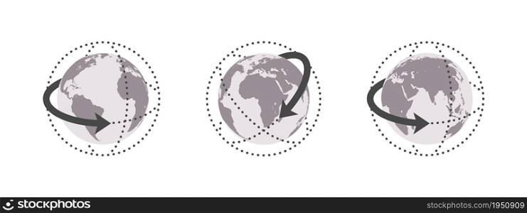 Earth globes with direction arrows. World map in globe shape. Earth globe icon set. Vector illustration