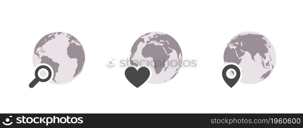 Earth globes with geolocation icons. World map in globe shape. Earth globe icon set. Vector illustration