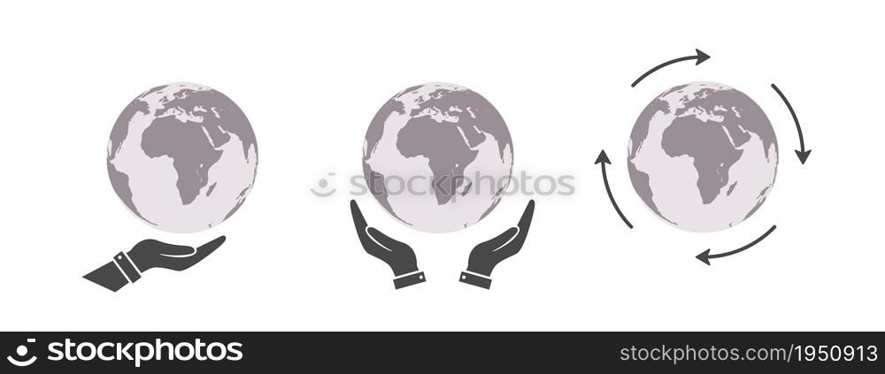 Earth globes with hand icons. World map in globe shape. Earth globe icon set. Vector illustration