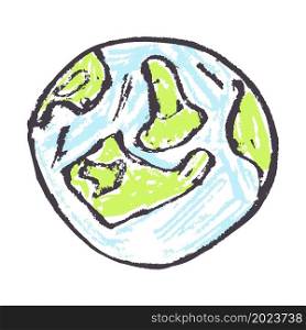 Earth. Icon in hand draw style. Drawing with wax crayons, colored chalk, children&rsquo;s creativity. Vector illustration. Sign, symbol, pin, sticker. Icon in hand draw style. Drawing with wax crayons, children&rsquo;s creativity