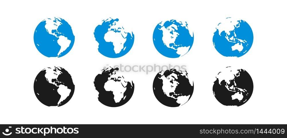 Earth icon set, world map illustration in flat style. Vector isolated illustration