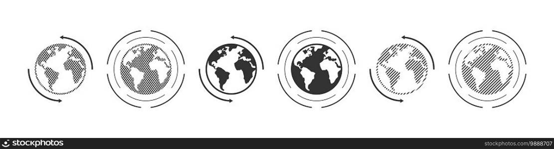 Earth icons. Dotted icons style. World international earth globe icon set. Linear style. Vector illustration