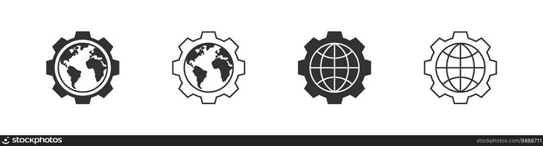 Earth icons. Globe icons gear. World international earth globe icon set. Trendy style. Vector illustration