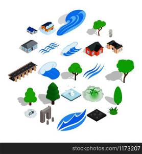 Earth icons set. Isometric set of 25 earth vector icons for web isolated on white background. Earth icons set, isometric style