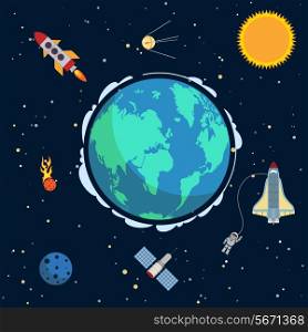Earth in space poster with globe and spacecrafts and satellites on orbit vector illustration