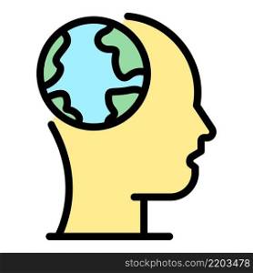 Earth in the head icon. Outline Earth in the head vector icon color flat isolated. Earth in the head icon color outline vector