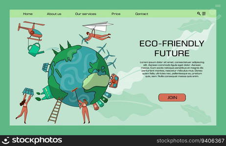 Earth landing page. Eco friendly world. Website design template. Garbage recycle and renewable electricity energy generation. Green planet environment. Nature and ecology infographic. Vector concept. Earth landing page. Eco friendly world. Website design. Garbage recycle and renewable electricity generation. Green planet environment. Nature and ecology infographic. Vector concept