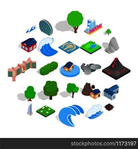Earth landscape icons set. Isometric set of 25 earth landscape vector icons for web isolated on white background. Earth landscape icons set, isometric style