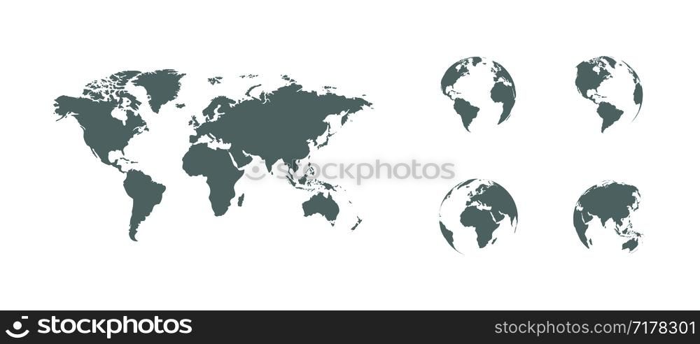 Earth map with earth globes. Earth Globes icons. World map. Earth in flat design. Eps10. Earth map with earth globes. Earth Globes icons. World map. Earth in flat design