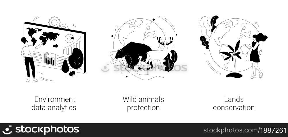 Earth observation abstract concept vector illustration set. Environment data analytics, wild animals protection, lands conservation, national park, wild forest, natural landscape abstract metaphor.. Earth observation abstract concept vector illustrations.