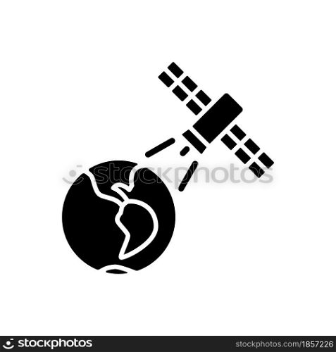 Earth observation process black glyph icon. Terrestial surface investigation by satelite. Meteorological Earth observation system. Silhouette symbol on white space. Vector isolated illustration. Earth observation process black glyph icon