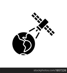 Earth observation process black glyph icon. Terrestial surface investigation by satelite. Meteorological Earth observation system. Silhouette symbol on white space. Vector isolated illustration. Earth observation process black glyph icon