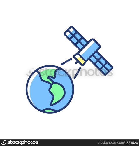 Earth observation process blue RGB color icon. Terrestial surface investigation by artifial satelite. Thin line customizable illustration. Isolated vector illustration. Simple filled line drawing. Earth observation process blue RGB color icon