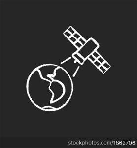 Earth observation process chalk white icon on dark background. Terrestial surface investigation by artifial satelite. Meteorological Earth observation. Isolated vector chalkboard illustration on black. Earth observation process chalk white icon on dark background