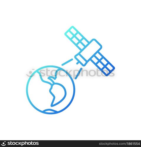 Earth observation process gradient linear vector icon. Terrestial surface investigation by artifial satelite. Thin line color symbol. Modern style pictogram. Vector isolated outline drawing. Earth observation process gradient linear vector icon