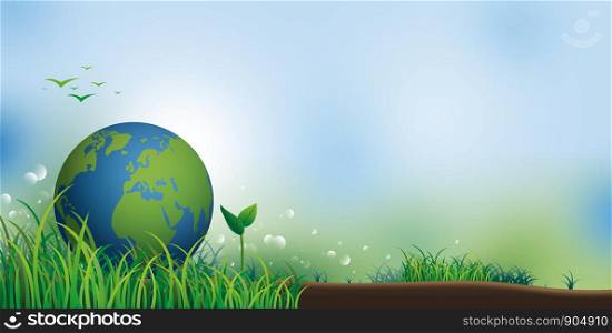 Earth on grass with copy space for environment day banner vector illustration