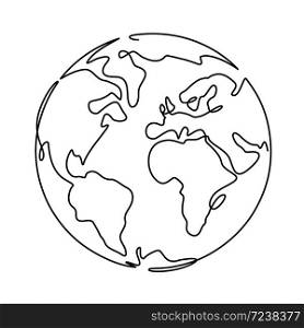 Earth. One line globus, world planet graphic icon, america, europe and asia global technology, simple continuous shape doodle vector concept. World map minimalist design isolated on white background. Earth. One line globus, world planet graphic icon, america, europe and asia global technology, simple continuous shape doodle vector concept