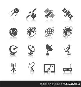 Earth orbit space station and satellite dish digital receiver communication icons set black abstract isolated vector illustration