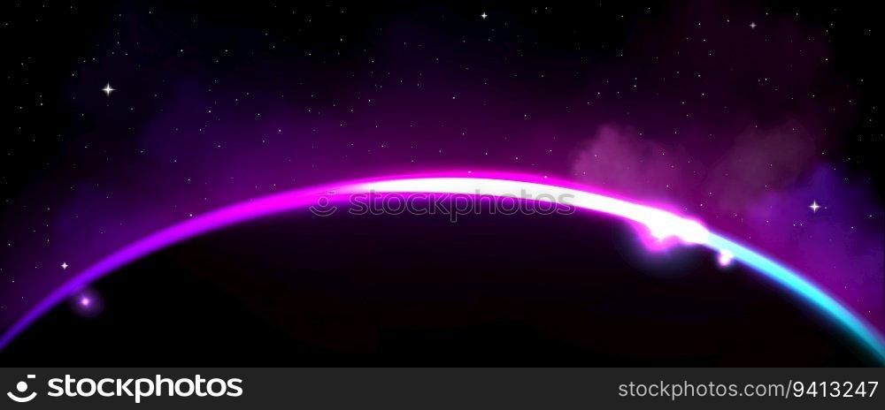Earth planet eclipse with purple light on horizon abstract vector background. Sunrise flare space effect ring above moon dark design. Circle edge glow with smoke and magic sparkle outer backdrop.. Earth planet eclipse with purple light on horizon