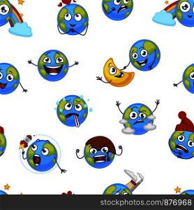 Earth planet expressing emotions emojis seamless pattern vector. Angry and sad, confused and happy, furious and puzzled globe, temperature thermometer measurement. Dancing with moon emoticon. Earth planet expressing emotions emojis seamless pattern vector
