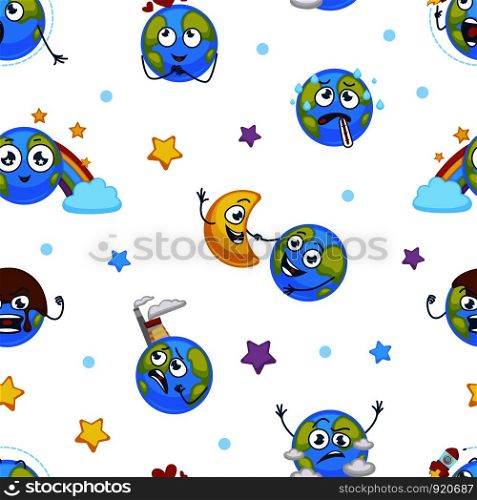 Earth planet expressing emotions emojis seamless pattern vector. Angry and sad, confused and happy, furious and puzzled globe, temperature thermometer measurement. Dancing with moon emoticon. Earth planet expressing emotions emojis seamless pattern vector.