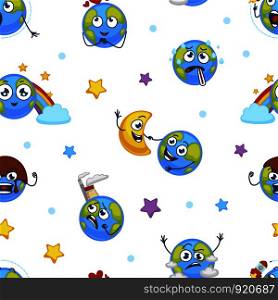 Earth planet expressing emotions emojis seamless pattern vector. Angry and sad, confused and happy, furious and puzzled globe, temperature thermometer measurement. Dancing with moon emoticon. Earth planet expressing emotions emojis seamless pattern vector.