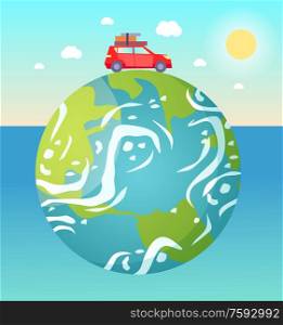 Earth planet floating in water vector, red car with baggage and luggage on roof riding, sunshine and fine weather, sky with clouds and sunshine flat style. Traveling Car Riding on Big Planet Earth Vector