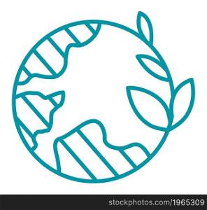 Earth planet with leaves and floral ornaments, saving and preserving nature, care and environmental problems solution. Isolated icon or badge for package. Line art, simple vector in flat style. Ecology and nature, organic products on earth