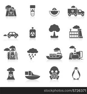 Earth pollution icon black set with plant car machines isolated vector illustration