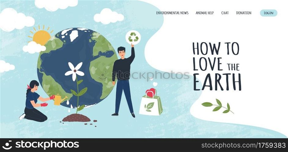 Earth recycle landing page. Website interface design. World environment ecology and rubbish recycling company. Cartoon people care of nature. Planting trees and garbage reuse. Vector web UI template. Earth recycle landing page. Website interface. World environment ecology and rubbish recycling company. People care of nature. Planting trees and garbage reuse. Vector web UI template