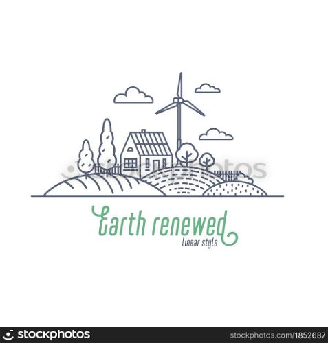 Earth renewed concept thin line vector illustration. Windmill and solar energy as an alternative electricity resource for a farm. Outline style vector illustration on white background. Earth renewed concept thin line vector illustration. Windmill and solar energy as an alternative electricity resource for a farm. Outline style vector illustration on white background.