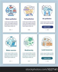 Earth resources and pollution issues onboarding mobile app page screen with linear concepts. Source, biodiversity walkthrough steps graphic instructions. UX, UI, GUI vector template with illustrations