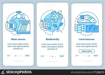 Earth resources onboarding mobile app page screen vector template. Water and land sources, biodiversity. Walkthrough website steps with linear illustrations. UX, UI, GUI smartphone interface concept