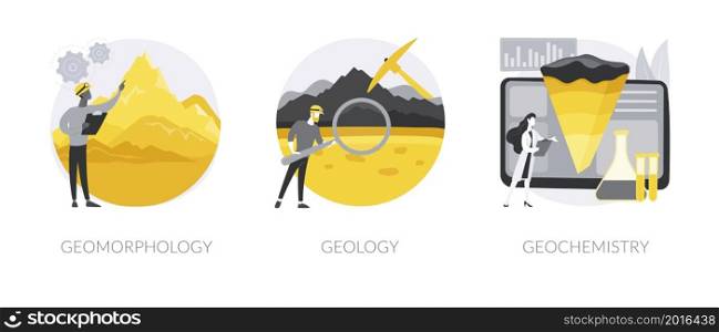 Earth science abstract concept vector illustration set. Geomorphology and geology, organic geochemistry, minerals research, landscape formation, petroleum research, soil exploration abstract metaphor.. Earth science abstract concept vector illustrations.